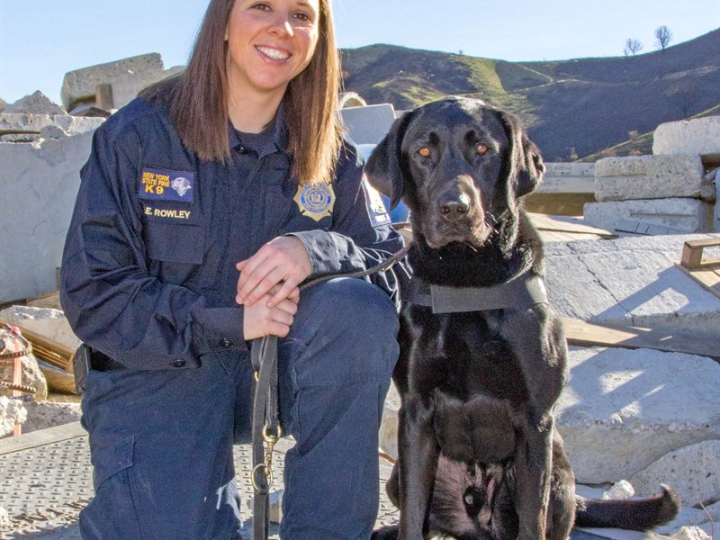 Search Dog Echo with handler Brook Rowley on a rubble training pile